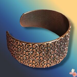 Copper Tone Wide Cuff Bracelet Ornate Scroll Design